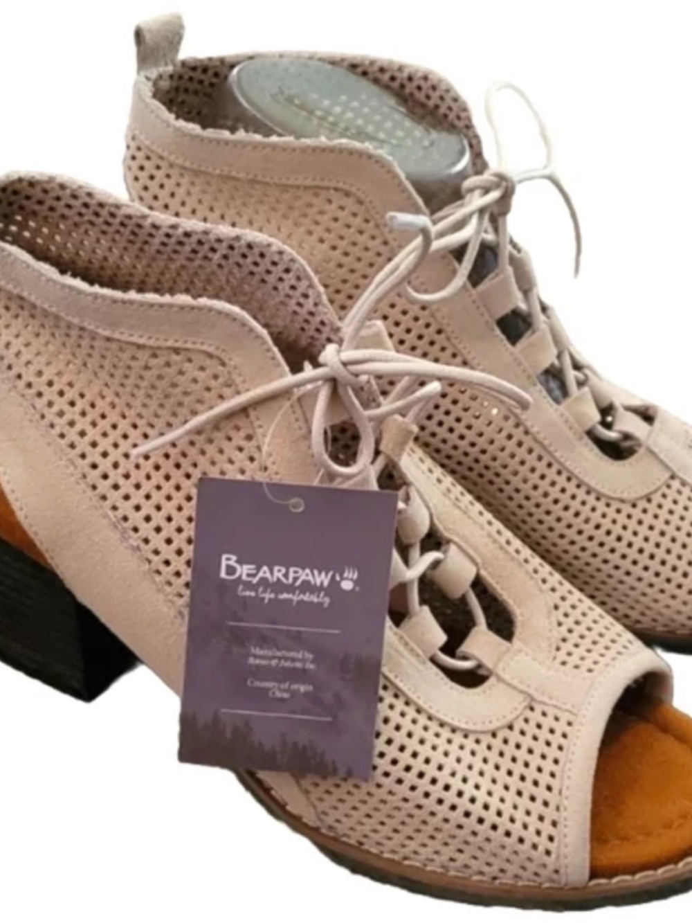 BearPaw Beige Perforated Suede Open-Toe Lace Block Heel Sandal